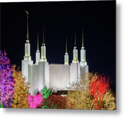 Washington Metal Print featuring the photograph Mormon temple in Washington DC with xmas lights by Steven Heap