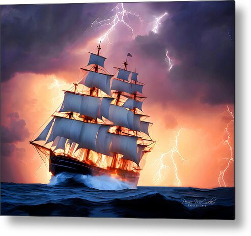 Ship Metal Print featuring the mixed media Navigating the Storm by Pennie McCracken