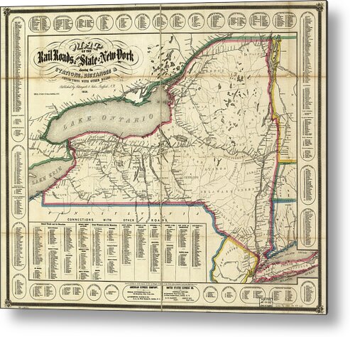 Rails Metal Print featuring the drawing New York showing the stations distances and connections with other roads 1858 by Vintage Railroad Maps
