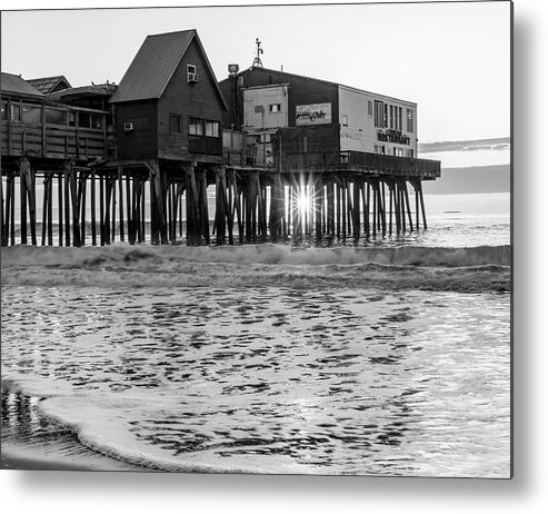 Old Orchard Pier Sunrise Black And White Metal Print featuring the photograph Old Orchard Pier Sunrise Black And White by Dan Sproul