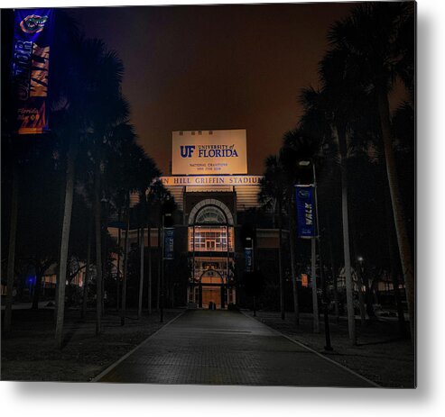 Digital Image Of Ben Hill Griffin Stadium At The University Of Florida - December 2019. Metal Print featuring the photograph Orange and Blue After Dark by Lora J Wilson