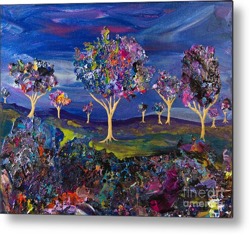 Landscape Collage Trees Orchard Metal Print featuring the painting Orchard On The Hill 7697B by Priscilla Batzell Expressionist Art Studio Gallery