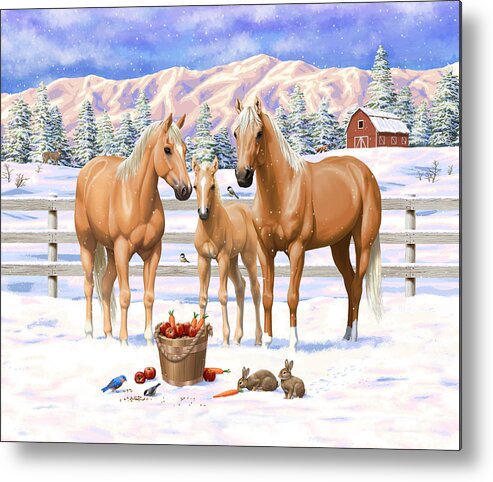 Horses Metal Print featuring the painting Palomino Quarter Horses In Snow by Crista Forest
