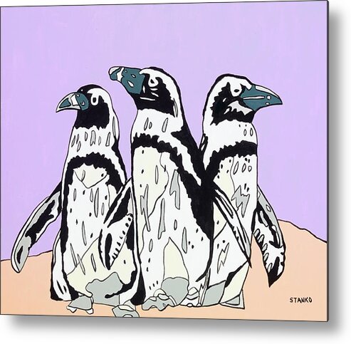 Penguins Birds Metal Print featuring the painting Penguins by Mike Stanko