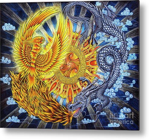 Chinese Dragon Metal Print featuring the pastel Phoenix and Dragon by Rebecca Wang