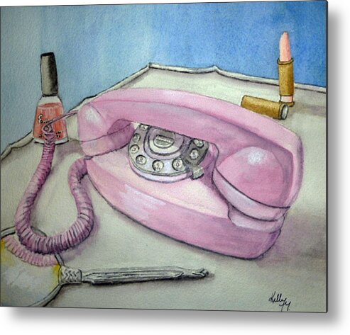 Retro Metal Print featuring the painting Pink Princess telephone by Kelly Mills