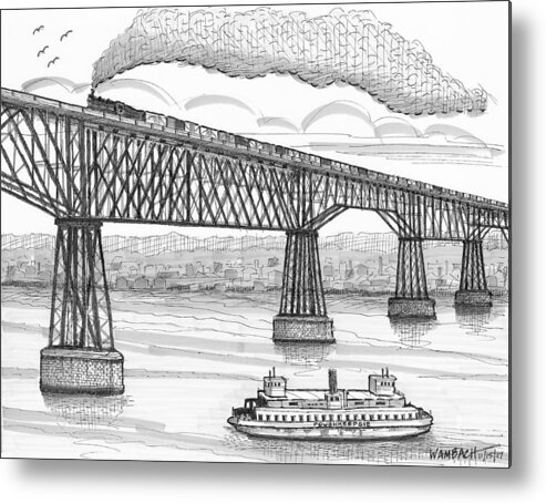 Poughkeepsie Railroad Bridge Metal Print featuring the drawing Poughkeepsie Railroad Bridge and Steam Ferry circa 1890 by Richard Wambach