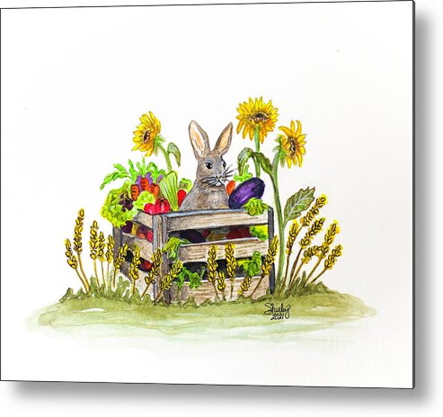 Rabbit Metal Print featuring the painting Rabbit in the Veggies by Shirley Dutchkowski