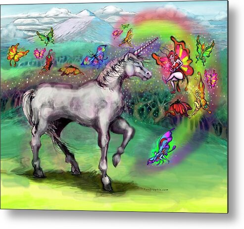 Rainbow Metal Print featuring the painting Rainbow Faeries and Unicorn by Kevin Middleton