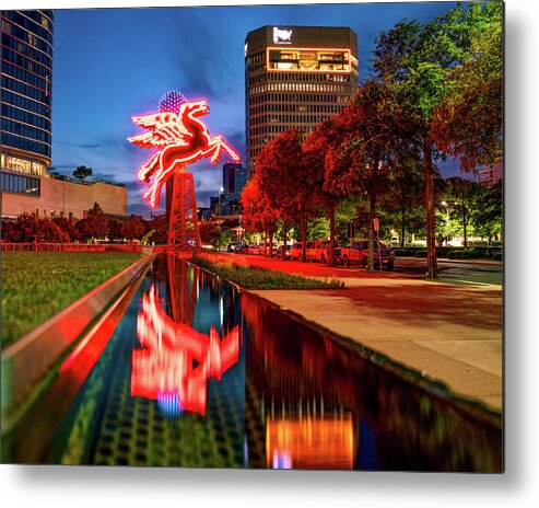Dallas Skyline Metal Print featuring the photograph Red Flying Pegasus in Downtown Dallas At Dusk by Gregory Ballos