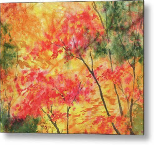 Fall Landscape Metal Print featuring the painting Red Yellow Green Autumn Trees Watercolor by Irina Sztukowski