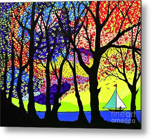 Colorful Metal Print featuring the painting Sailboat On Rainbow Lake by Jeffrey Koss