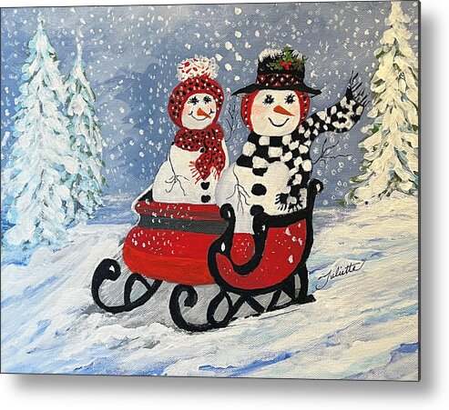 Snowman Metal Print featuring the painting Sleighride in the Snow by Juliette Becker