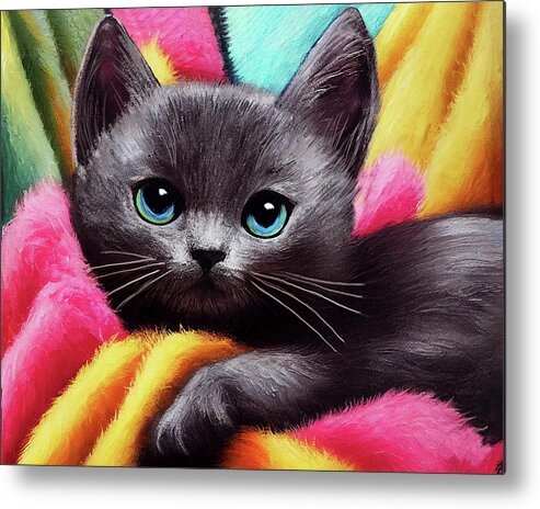 Gray Kitten Metal Print featuring the digital art Smoke Gray Kitten on a Colorful Blanket by Mark Tisdale