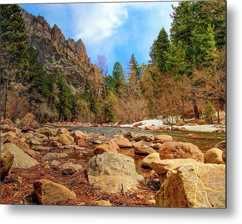 Beautiful Metal Print featuring the photograph Rocky Riverbank With Pine Trees,South Boulder Creek by Tom Potter