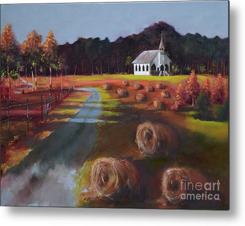 Autumn Metal Print featuring the painting Spiritual Harvest - Levi Chapel - Hay Bales by Jan Dappen