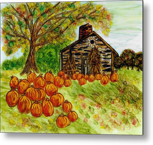  Metal Print featuring the painting Stone Cabin Pumpkin Patch by Linda Stanton