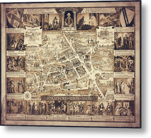 Stratford Upon Avon Metal Print featuring the photograph Stratford Upon Avon England Vintage Pictorial Map 1960 Sepia by Carol Japp
