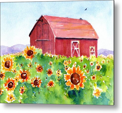 Red Barn Metal Print featuring the painting Sunflower Field and Barn by Carlin Blahnik CarlinArtWatercolor