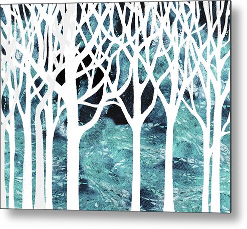 Cool Abstract Metal Print featuring the painting Teal Blue White Watercolor Forest Silhouette Cool Calm Decor by Irina Sztukowski