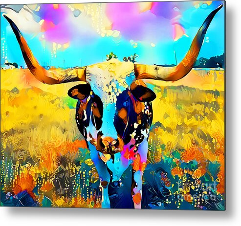 Wingsdomain Metal Print featuring the photograph Texas Longhorn in Vibrant Colors 20210726 by Wingsdomain Art and Photography