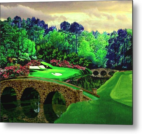 Beauty Masters National Golf Club Tournament Augusta Forest 12th Hole Golf Course Rkc Ron Ronald K Chambers Spieth Watson Mickelson Woods Singh Faldo Crenshaw Langer Couples Nicklaus T. Watson Player Palmer Of Open Pga Championship British Famous Course Pebble Beach Pinehurst Staint Andrews Muirfield Village Tours Mcilroy Fowler Rose Thomas Furyk Tiger Landscapes Country Western Bridges Forest Rivers Lakes Ponds Sunset Twilight Metal Print featuring the painting The Beauty of the Masters by Ron Chambers