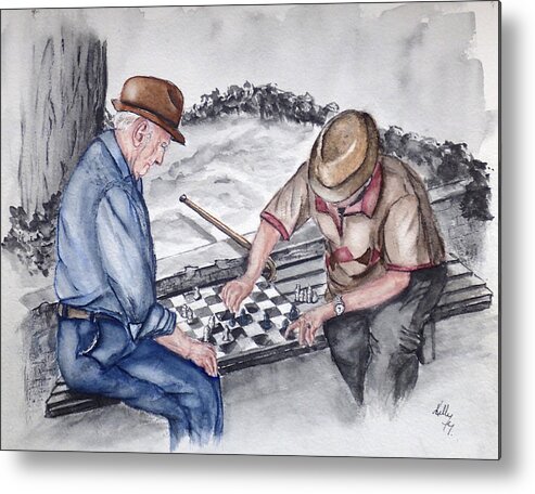 Chess Metal Print featuring the painting The Chess Game with Old Friends by Kelly Mills