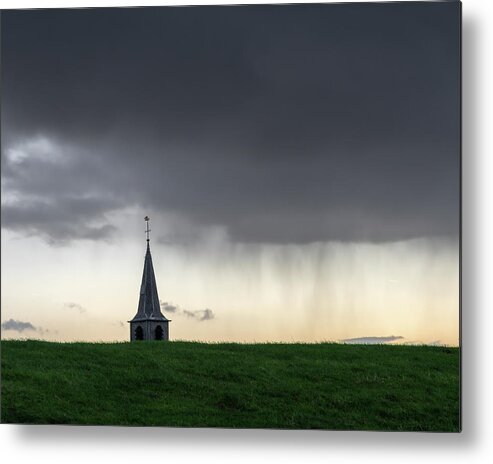 Paesens Metal Print featuring the photograph The church of Paesens behind the dike by Anges Van der Logt