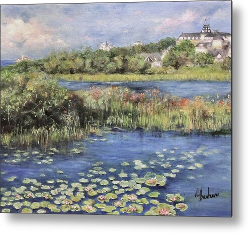 Wall Art Metal Print featuring the painting The Lily Pond by Anne Barberi