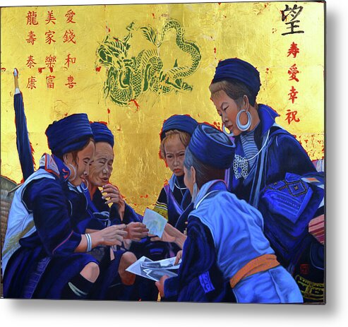 Gold And Blue Metal Print featuring the painting The Meet Market by Thu Nguyen