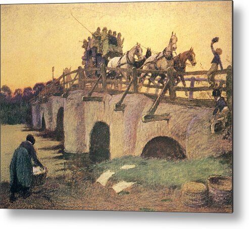 Cecil Aldin Metal Print featuring the drawing The Romance of the Road 1933, Crossing the bridge by Cecil Aldin