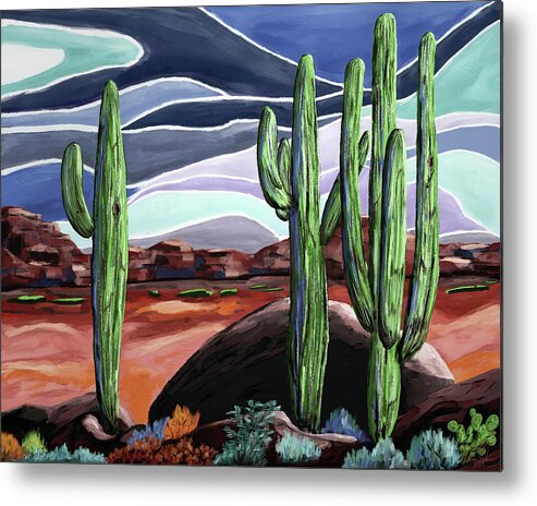 Saguaros Metal Print featuring the digital art Three Saguaros by Ken Taylor