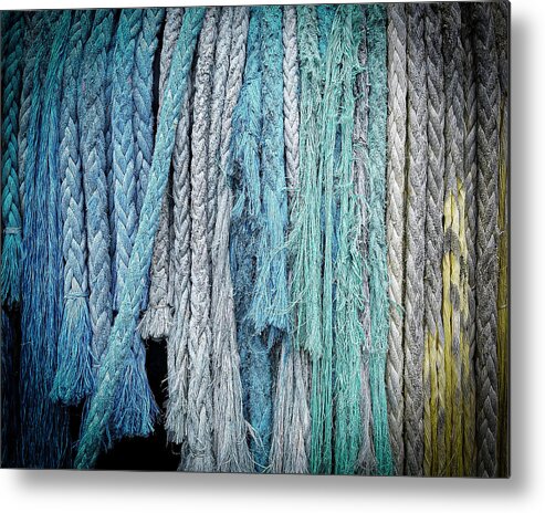 Tugboat Ropes Strong Yellow Blue Gray Light Blue Metal Print featuring the photograph Tugboat Ropes by David Morehead