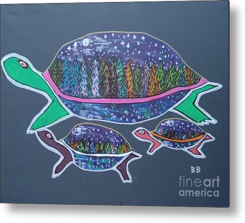 Turtles Animal Turtle Nature Wild Reptile Bag Cushion Abstract Metal Print featuring the painting Turtles by Bradley Boug