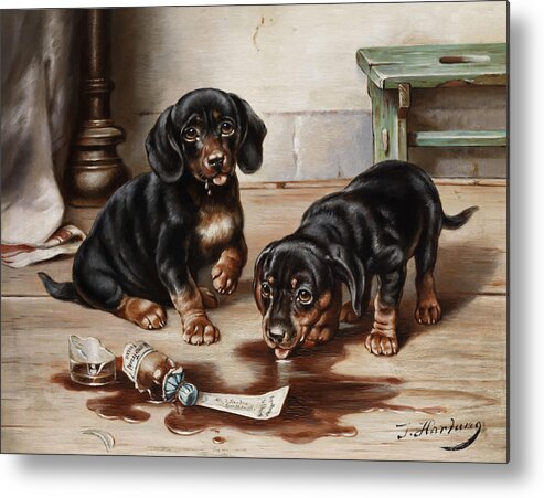 Carl Reichert Metal Print featuring the painting Two Dachshunds Feast on Drug of Broken Apothecary Jar by Carl Reichert