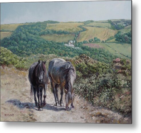 Horses Metal Print featuring the painting Two horses on Devon coastal path by Martin Davey