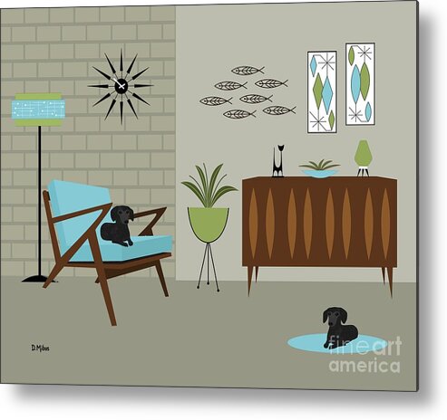 Mid Century Dog Metal Print featuring the digital art Two Mid Century Black Dachshunds by Donna Mibus