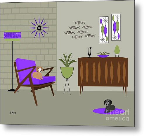 Mid Century Modern Dachshunds Metal Print featuring the digital art Two Mid Century Dachshunds in Purple Room by Donna Mibus