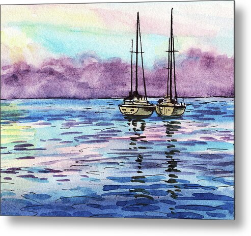 Boats Metal Print featuring the painting Two Sailboats Resting In The Ocean Purple Clouds Watercolor Beach Art by Irina Sztukowski