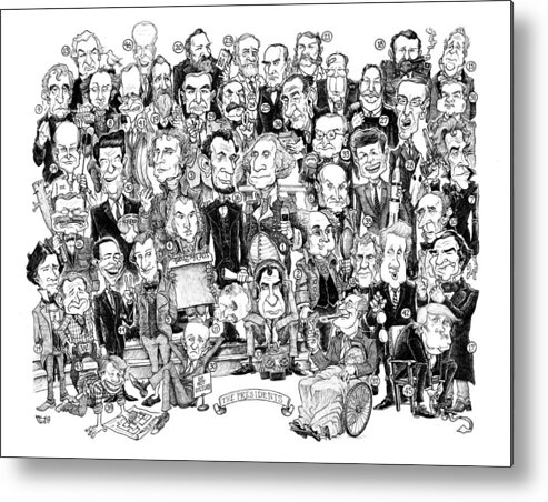 Cartoon Metal Print featuring the drawing US Presidents, 1-46 by Mike Scott