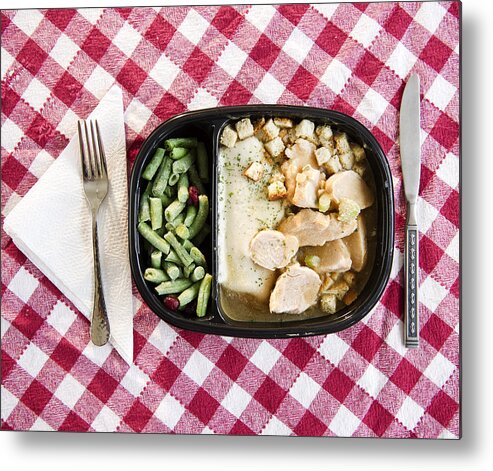 Unhealthy Eating Metal Print featuring the photograph USA, New Jersey, Jersey City, close up of TV dinner on checked table cloth by Jamie Grill Photography