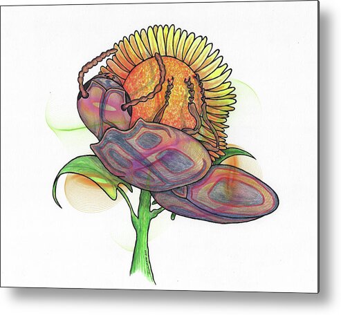 Sunflower Metal Print featuring the mixed media Very Large Beetle on Sunflower by Teresamarie Yawn