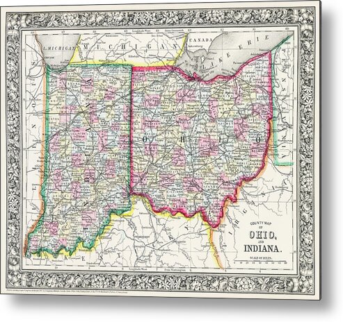 Indiana Metal Print featuring the photograph Vintage County Map of Ohio and Indiana 1863 by Carol Japp