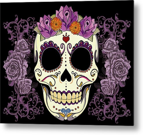 Sugar Skull Metal Print featuring the digital art Vintage Sugar Skull and Roses by Tammy Wetzel