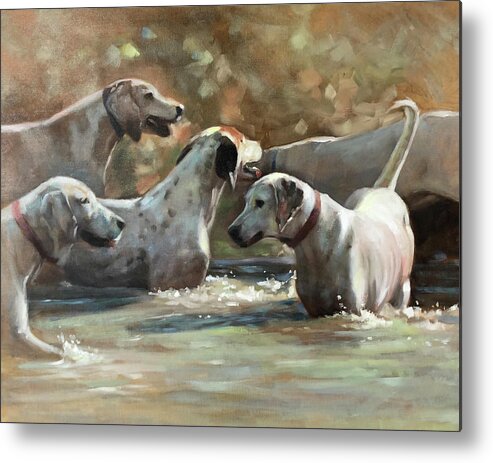 Hounds Dogs Dog Foxhunt Foxhounds Hunt Water Wading Playing Contemporary Art Painting Realism Metal Print featuring the painting Well Hello by Susan Bradbury
