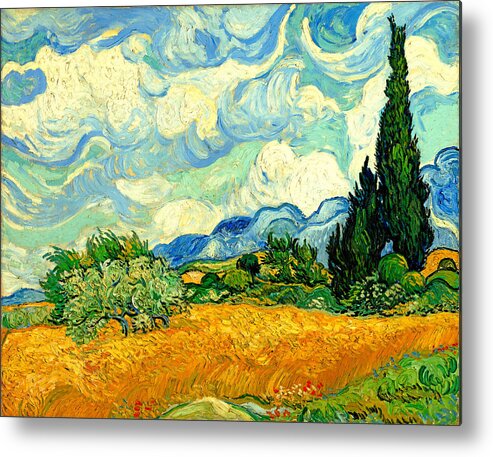 Wheat Field With Cypresses Metal Print featuring the digital art Wheat Field with Cypresses by van Gogh - digital enhancement by Nicko Prints