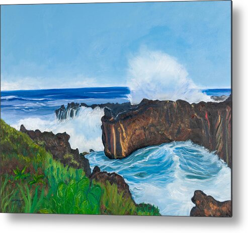 Seascape Maui Ocean Waves Cliffs Metal Print featuring the painting Wild Waves by Santana Star