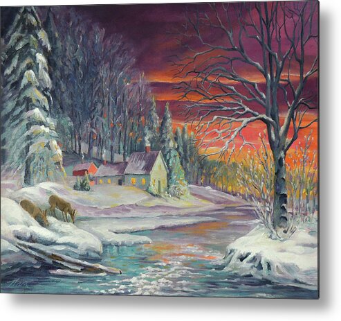 Winter Metal Print featuring the painting Winter Sunset By The River by Nancy Griswold