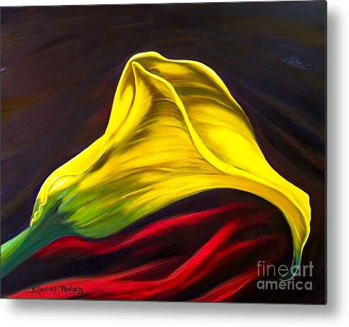 Painting Metal Print featuring the painting Yellow Calla Lily on Red Velvet by Sherrell Rodgers
