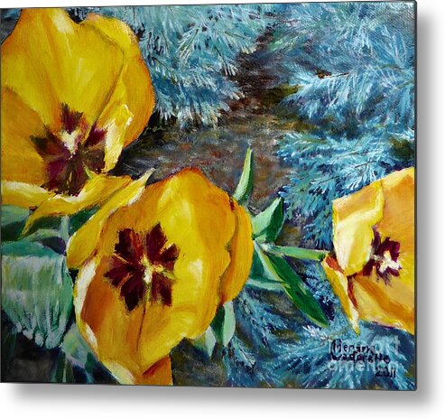 Yellow Metal Print featuring the painting Yellow Tulips by Merana Cadorette